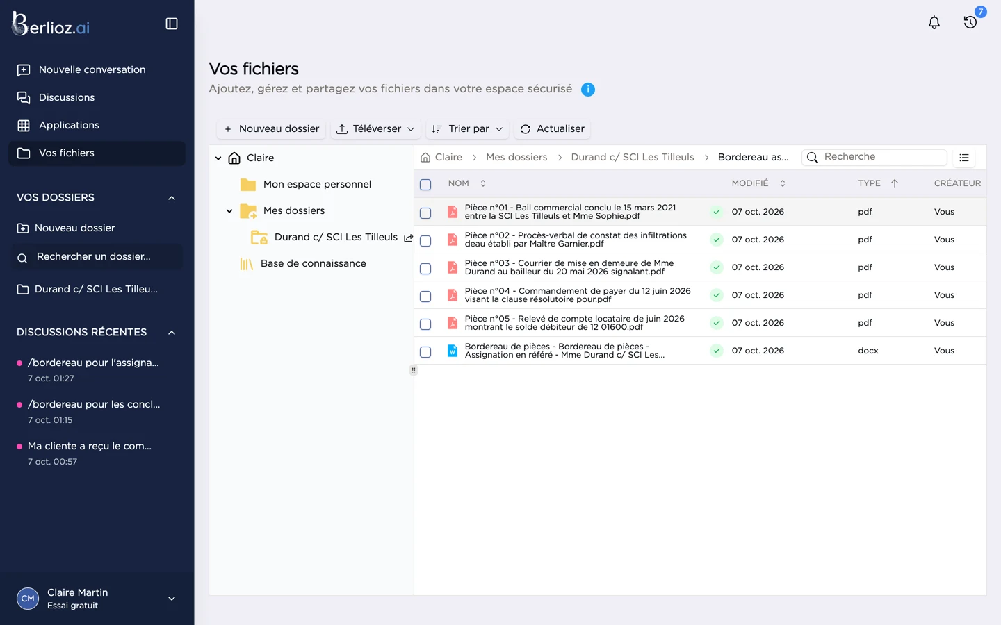 Le répertoire du bordereau dans le gestionnaire de documents