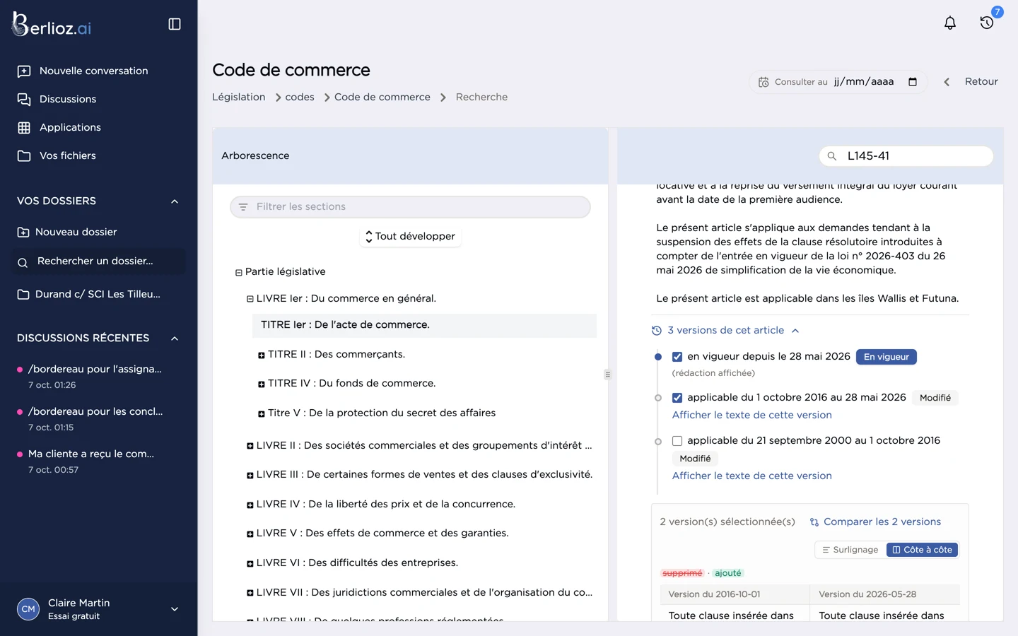 Sélection de deux versions et comparaison côte à côte