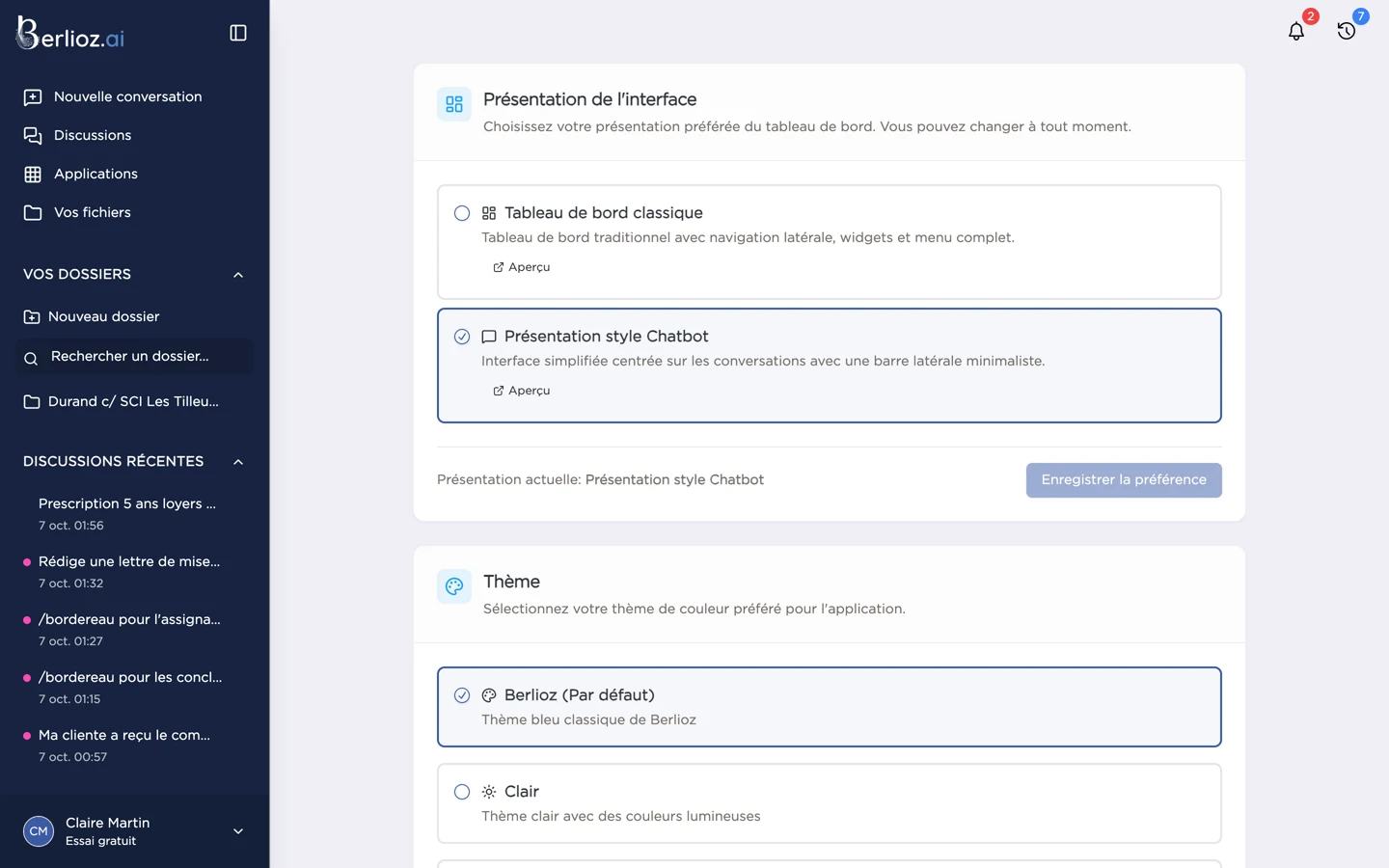 Choix de la présentation de l'interface